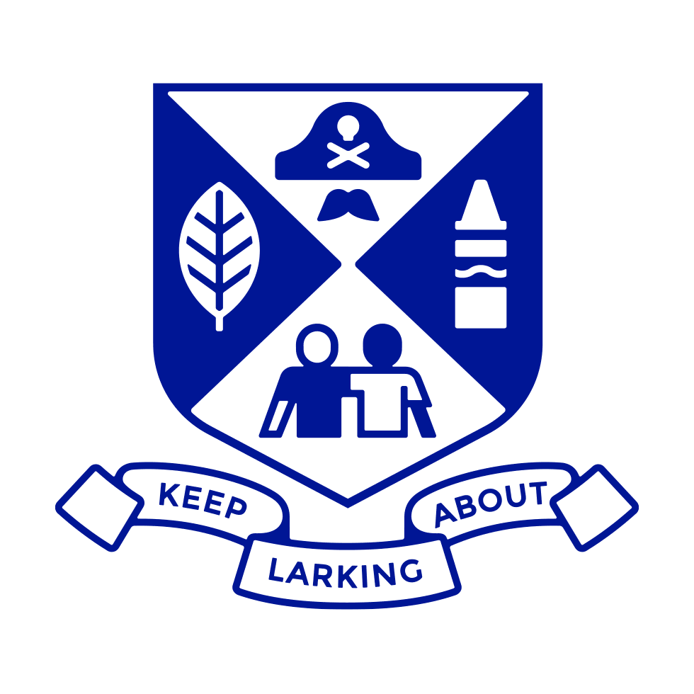 Pictogram of a typical school badge with symbols for friendships, exploration, play and creation in each quadrant. Underneath is the motto Keep Larking About