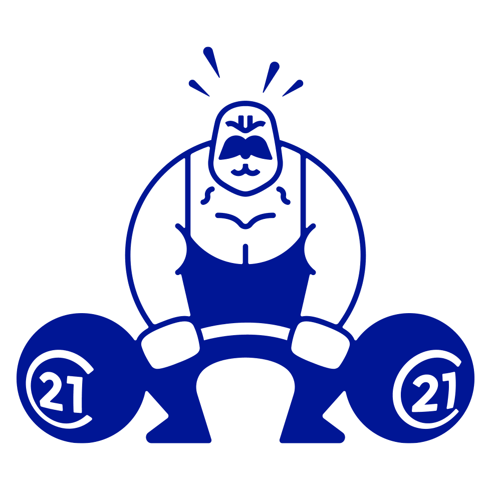 Pictogram of a strong man struggling with a heavy weight with the 21st Century symbol on each bell.