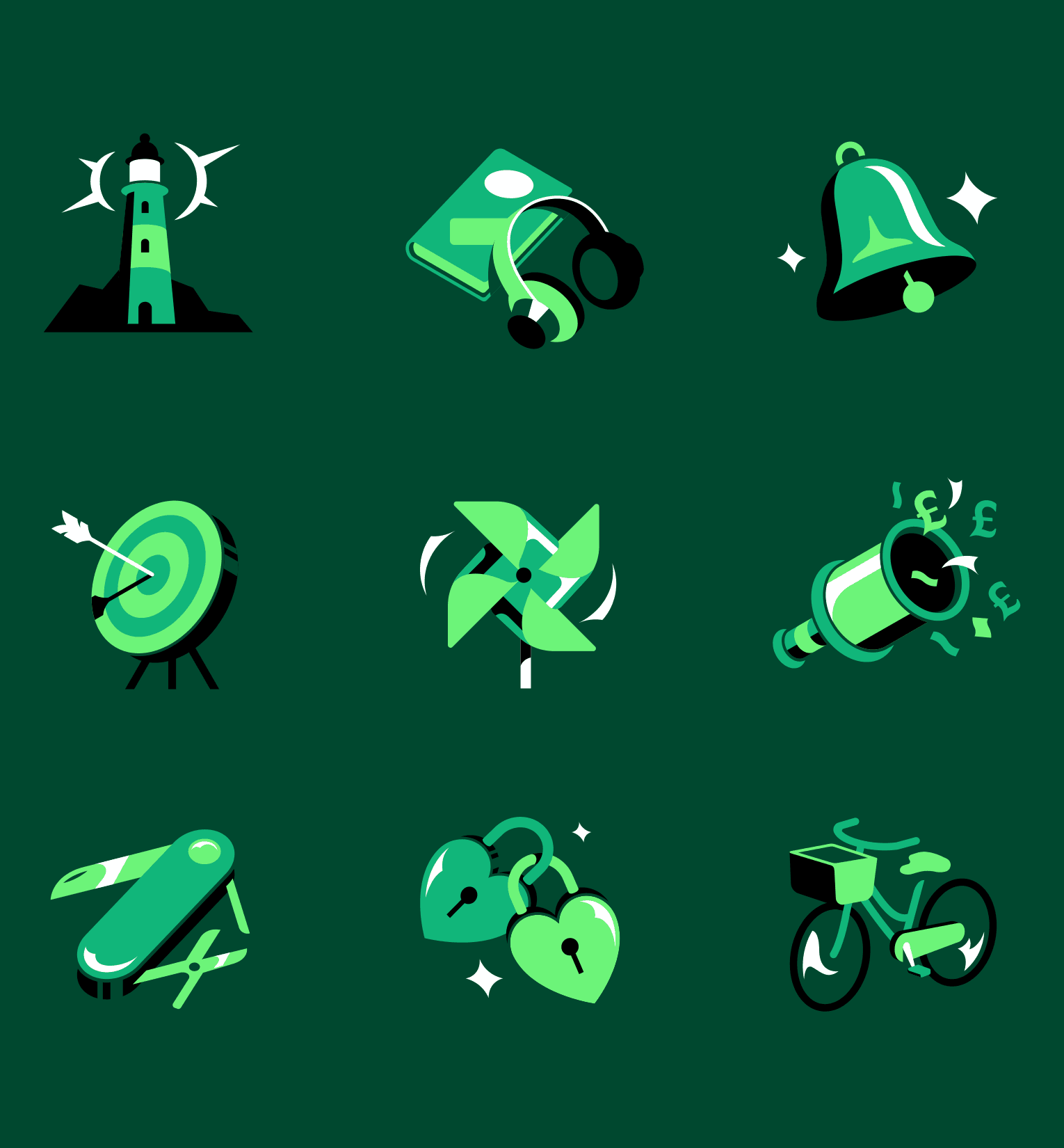 Lloyd's spot illustrations and icons on a dark green panel