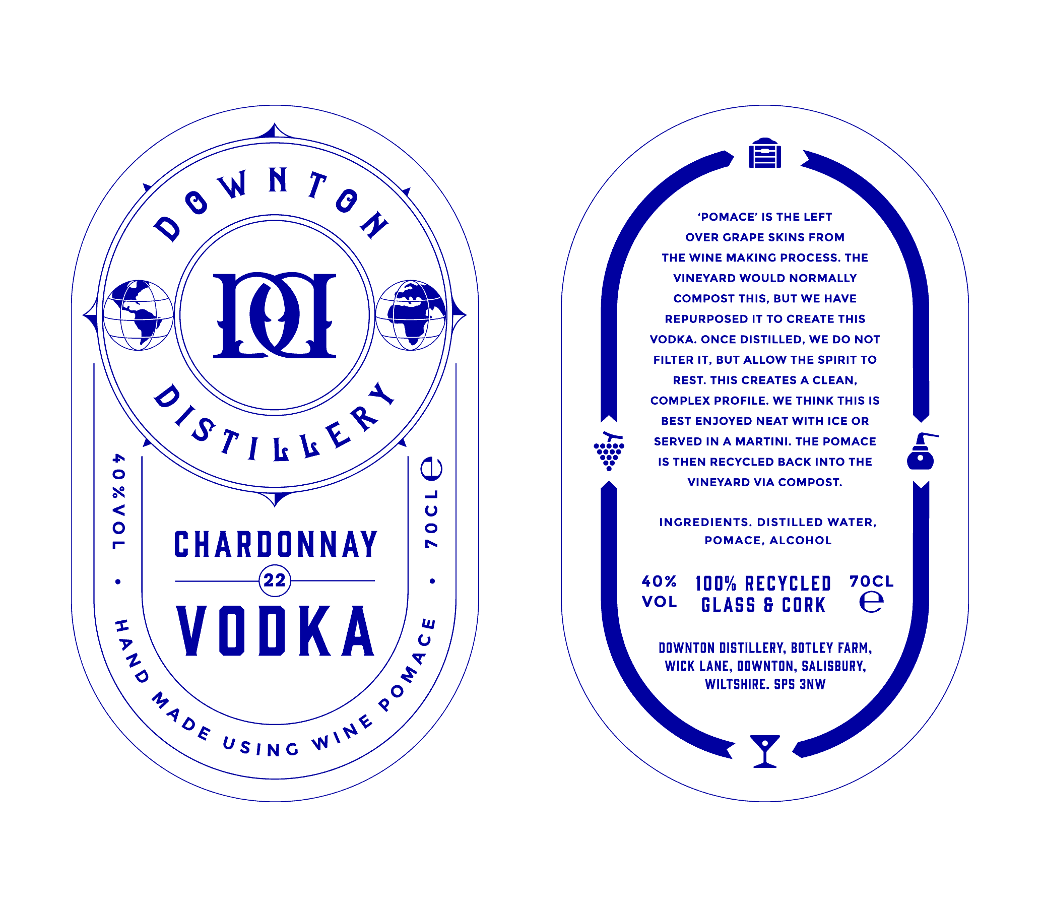 A close up of the Downton Distillery Chardonnay Vodka label.