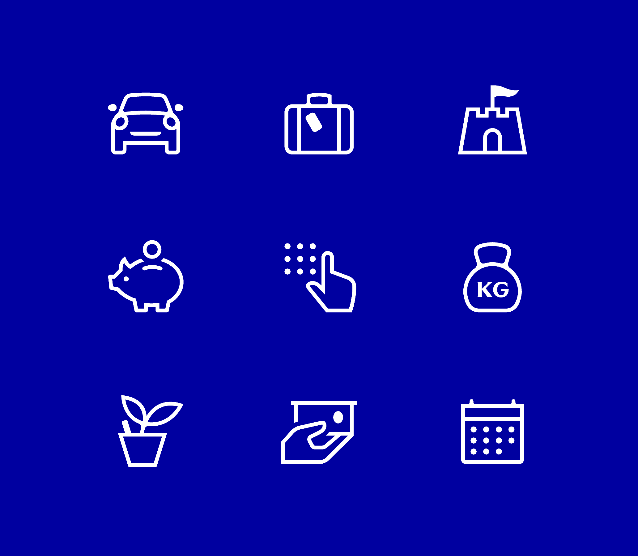 A selection of UI icons taken from the Lloyd's Banking Group set. This set illustrates their versatility and how well they render as outlined shapes against a dark background.