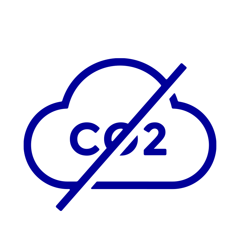 Pictogram of a cloud with the word CO2 on it and a diagonal strikethrough going through both elements.