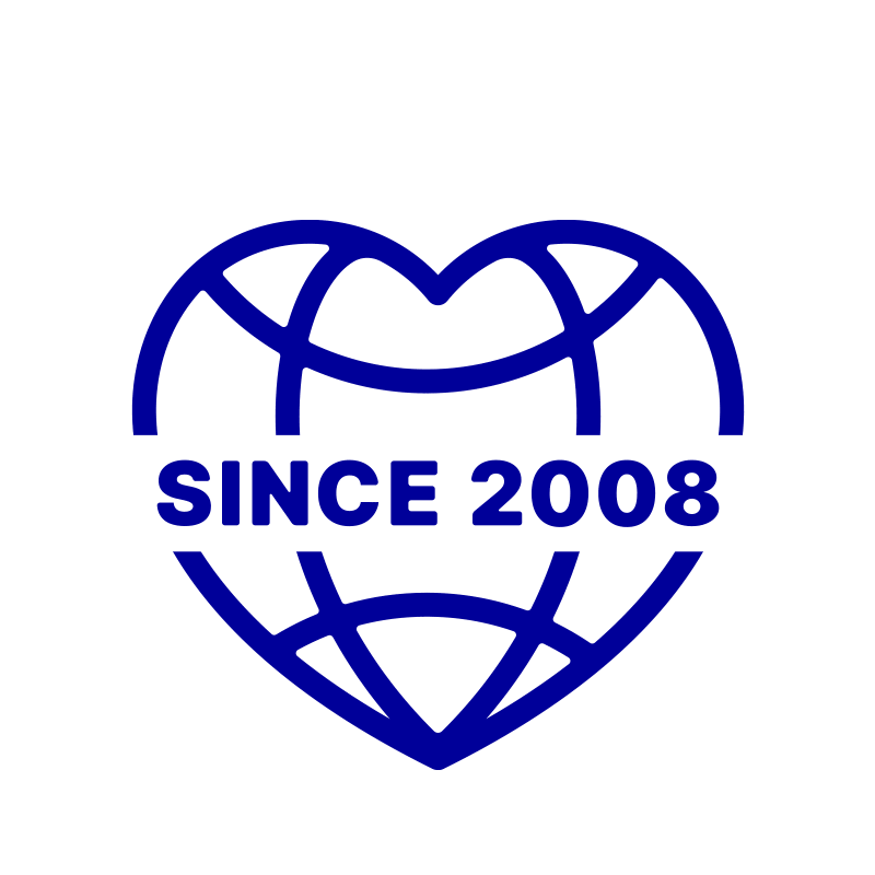 Pictogram of a globe in the shape of a heart with the words Since 2008 going through the centre.
