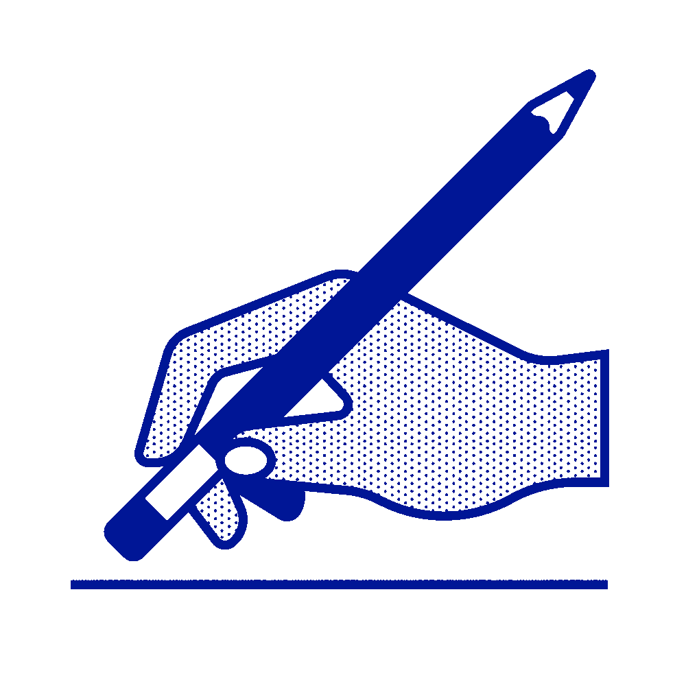 Pictogram of a hand in a writing position, holding a pencil the wrong way around. Thus illustrating the idea of creating by erasing.