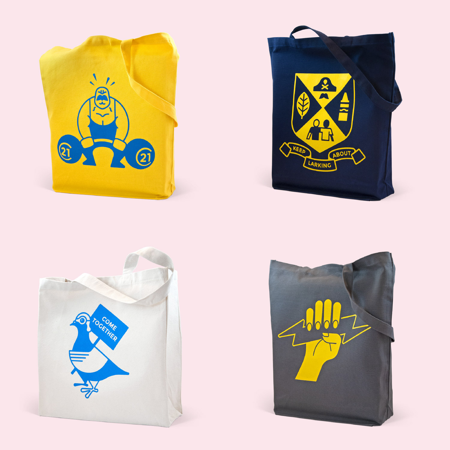 A photo of four brightly coloured tote bags. Each one featuring a different motif.